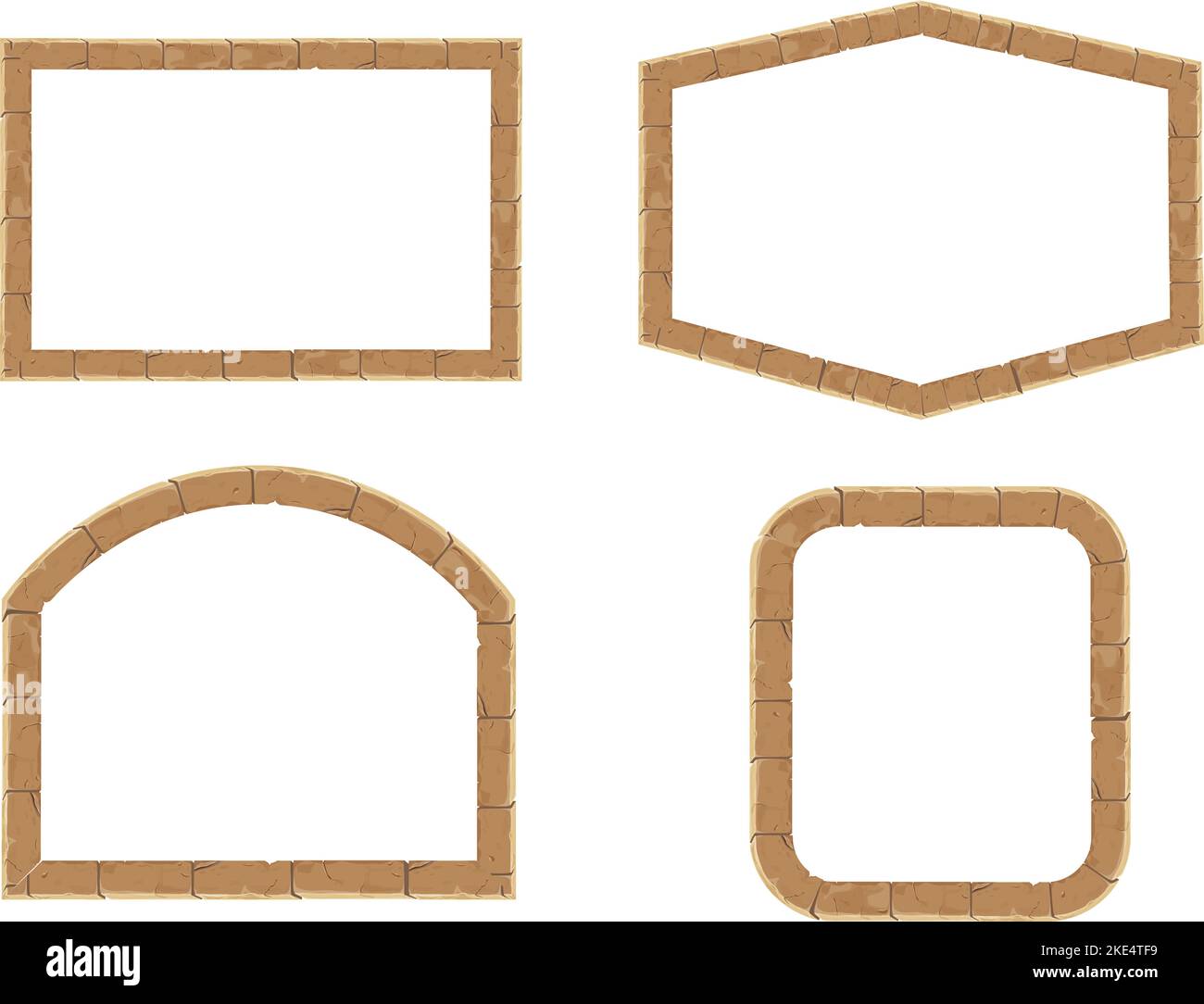 Set cornice in mattoni di pietra confine medievale antico in stile cartone animato, isolato su sfondo bianco. Decorazione del gioco, menu. Illustrazione vettoriale Illustrazione Vettoriale