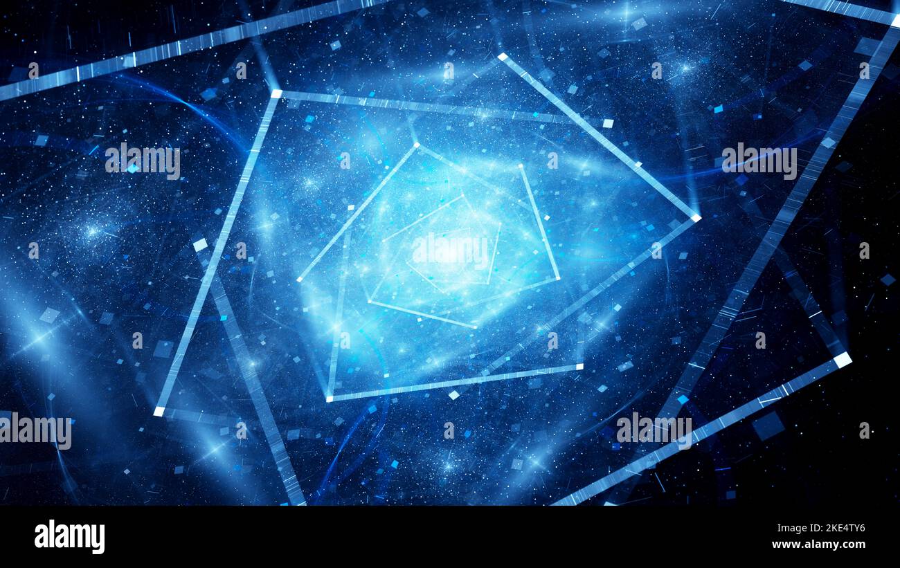 Linee e hub connessi luminosi blu nello spazio, sfondo astratto generato dal computer, rendering 3D Foto Stock