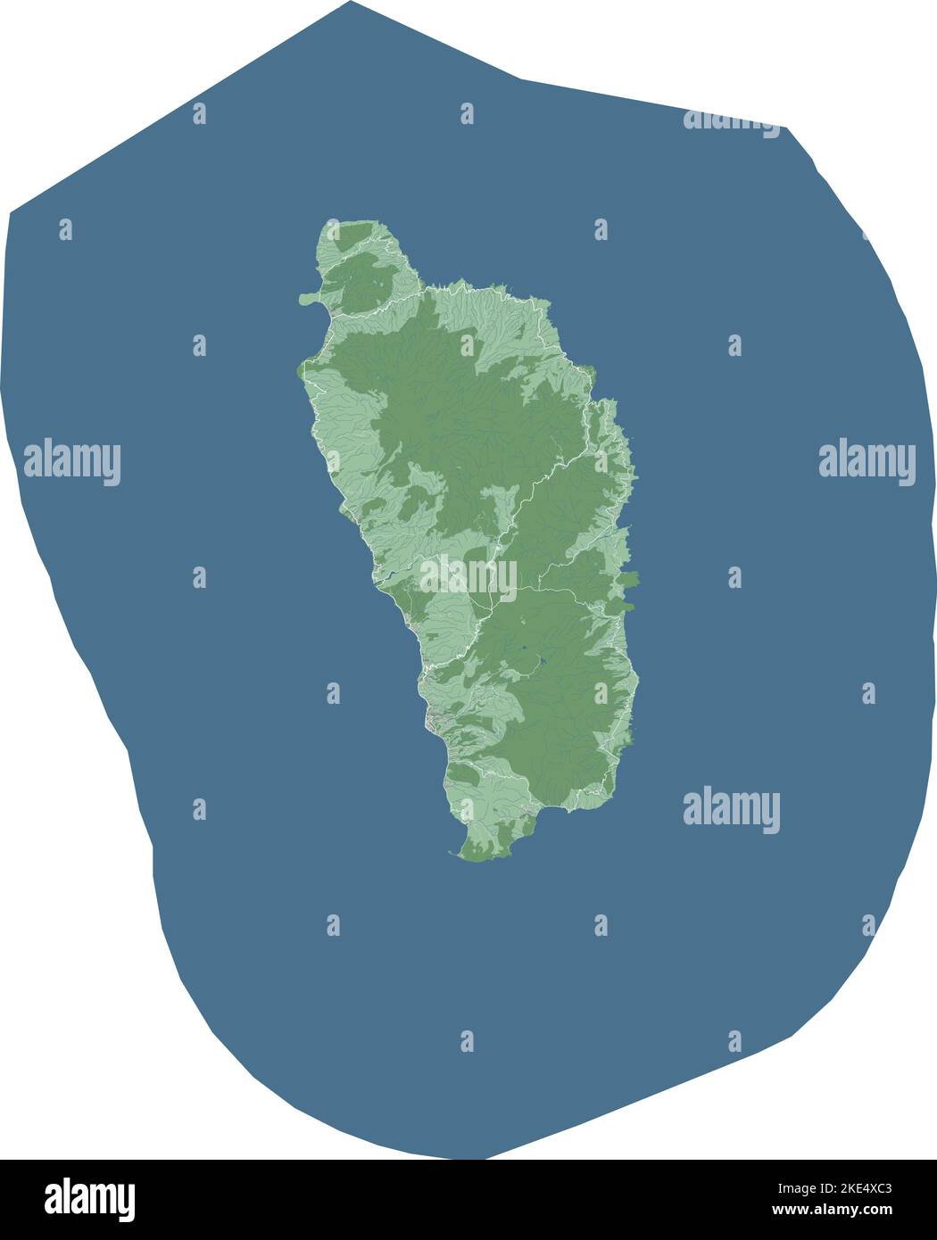 Mappa del Commonwealth of Dominica, paese dell'isola caraibica. Mappa dettagliata con confine amministrativo, edifici, mare e foreste, città e strade. Illustrazione Vettoriale