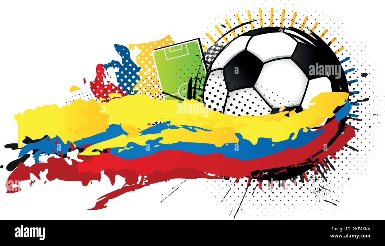 Pallone da calcio bianco e nero circondato da macchie gialle, blu e rosse che formano la bandiera dell'Ecuador con un campo da calcio sullo sfondo. Immagine vettoriale Illustrazione Vettoriale