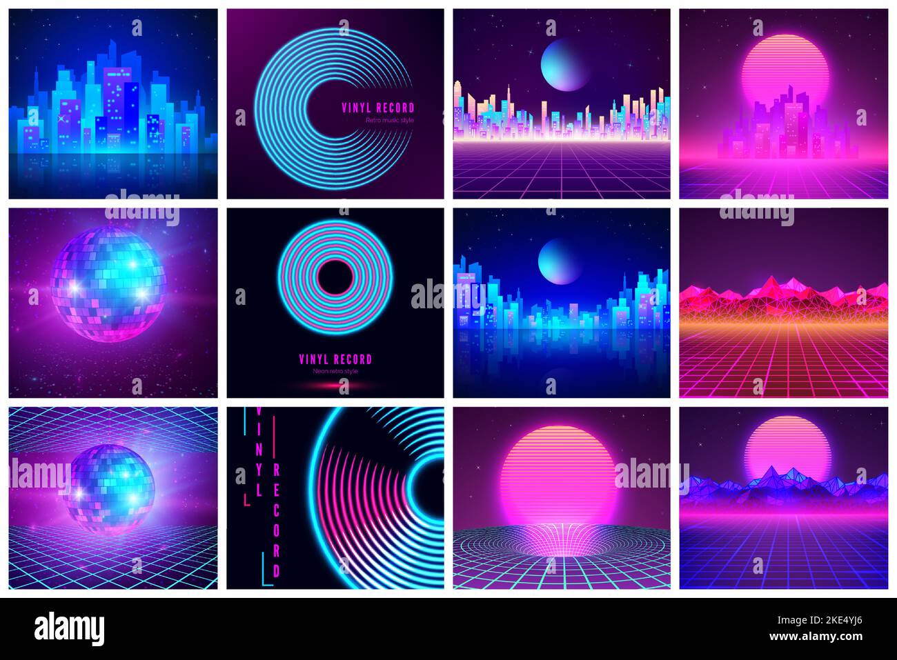 Serie di illustrazioni retrospettanti 80s. Palla specchio, disco in vinile e paesaggio futuristico. Vettore Illustrazione Vettoriale