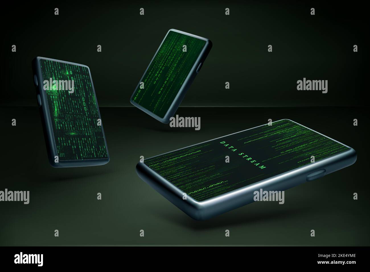 Set di telefoni cellulari 3D con flusso di dati binari in stile matrice sullo schermo. Astratto sci fi futuristico telefono sfondo mockup. Crittografia e digitale da Illustrazione Vettoriale Set di telefoni cellulari 3D con flusso di dati binari in stile matrice sullo schermo. Astratto sci fi futuristico telefono sfondo mockup. Crittografia e digitale da Illustrazione Vettoriale