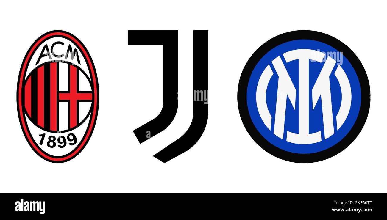Vinnitsa, Ucraina - 14 ottobre 2022: Italia, logo delle squadre di calcio della Serie A. Juventus, Milano, Inter. Illustrazione editoriale vettoriale Illustrazione Vettoriale