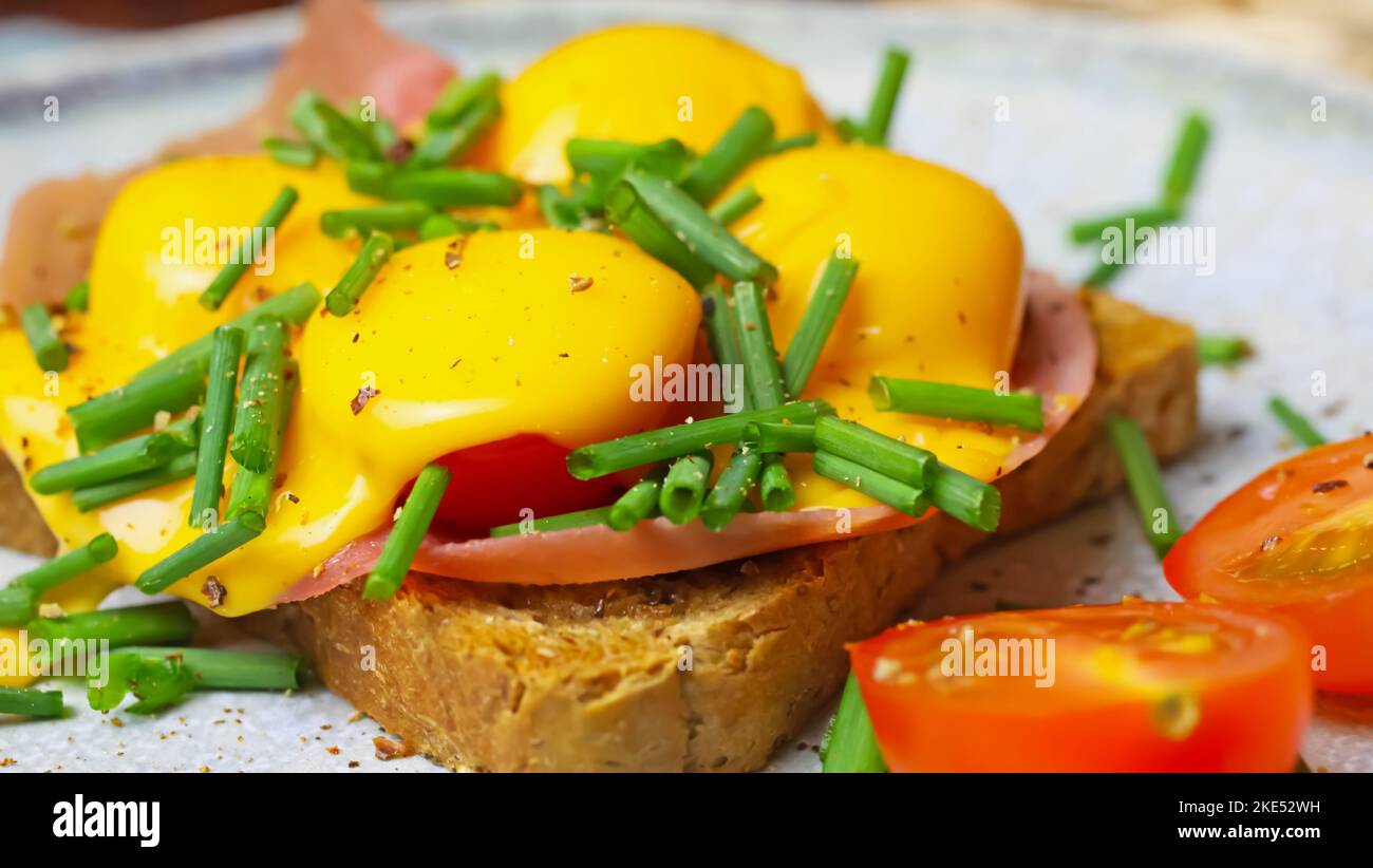 Primo piano di un sandwich di pane bruno aperto isolato con prosciutto, erba cipollina, pomodori gratinati formaggio cheddar fuso su piatto di porcellana Foto Stock