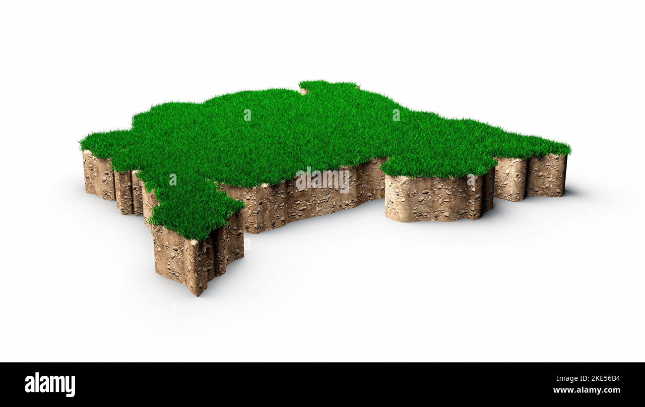 Un'illustrazione 3D della carta del Montenegro con terreno e terreno, sezione trasversale con erba verde e terreno roccioso Foto Stock