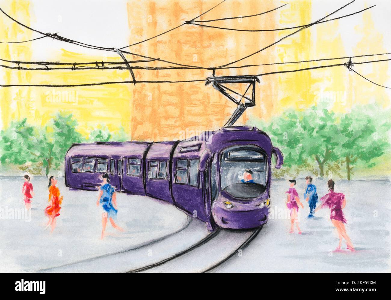 Strada cittadina con tram viola. Carbone e pastello morbido su carta. Foto Stock