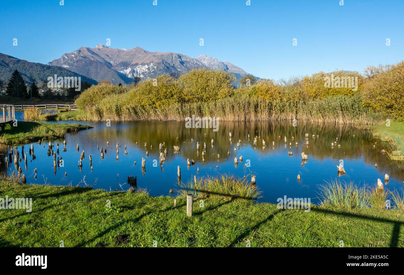 Il sito archeologico di Fiavè è uno dei più importanti complessi preistorici palafitticoli europei Giudicarie, provincia di Trento, Italia settentrionale Foto Stock