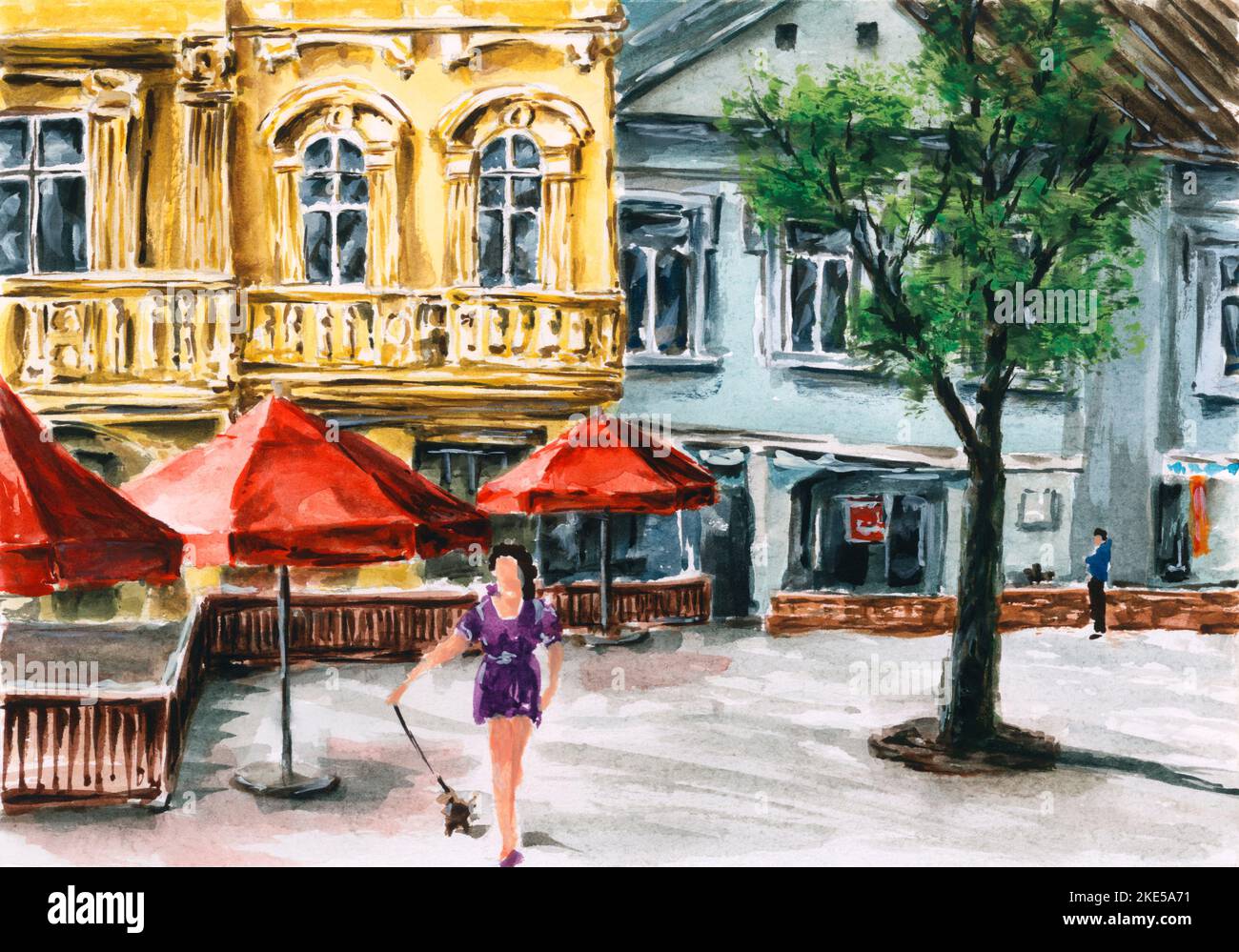 Scena cittadina con ombrelloni, alberi ed edifici antichi. Acquerello su carta. Foto Stock