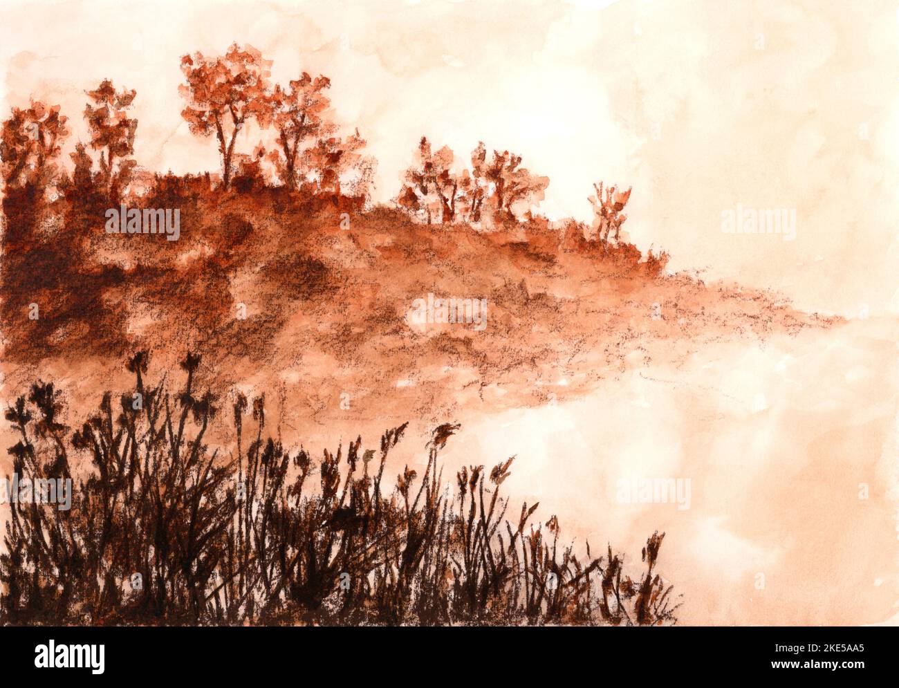 Landcape con erba e alberi in collina. Seppia e acquerello su carta. Foto Stock