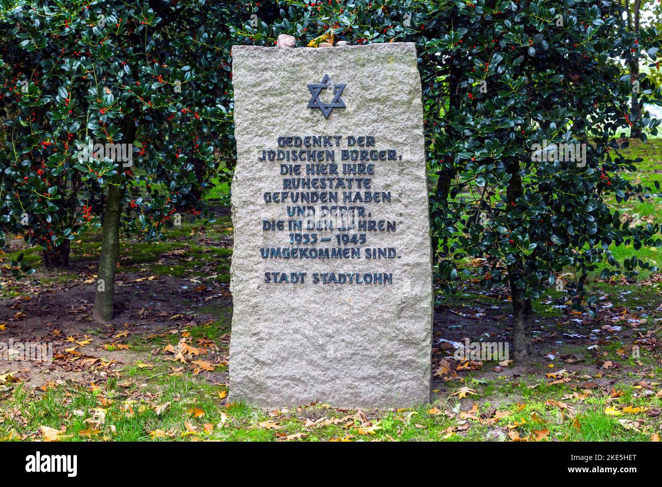 Deutschland, Stadtlohn, Westmuensterland, Muensterland, Westfalen, Nordrhein-Westfalen, NRW, Juedischer Friedhof, Gedenkstein, Erinnerung an die Opfer Foto Stock