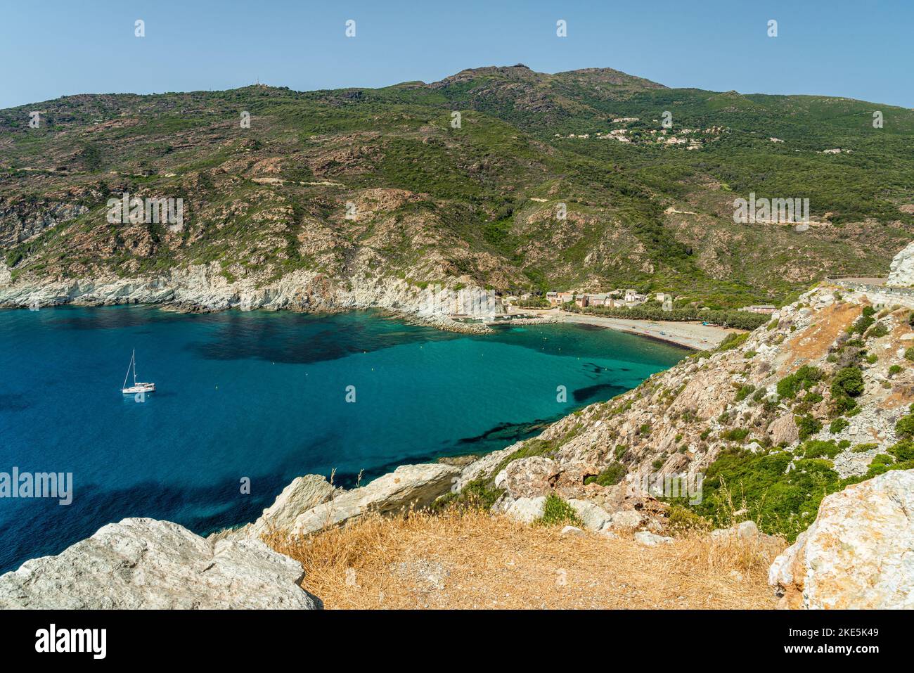 Vista panoramica con la bellissima Plage de Giottani, nel nord della Corsica, Francia. Foto Stock