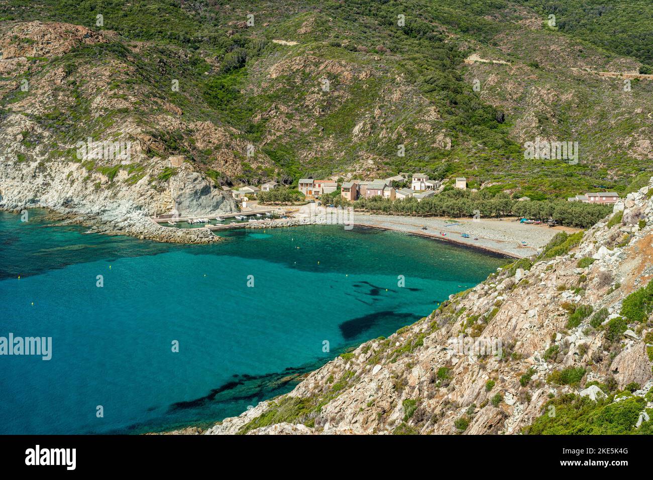 Vista panoramica con la bellissima Plage de Giottani, nel nord della Corsica, Francia. Foto Stock