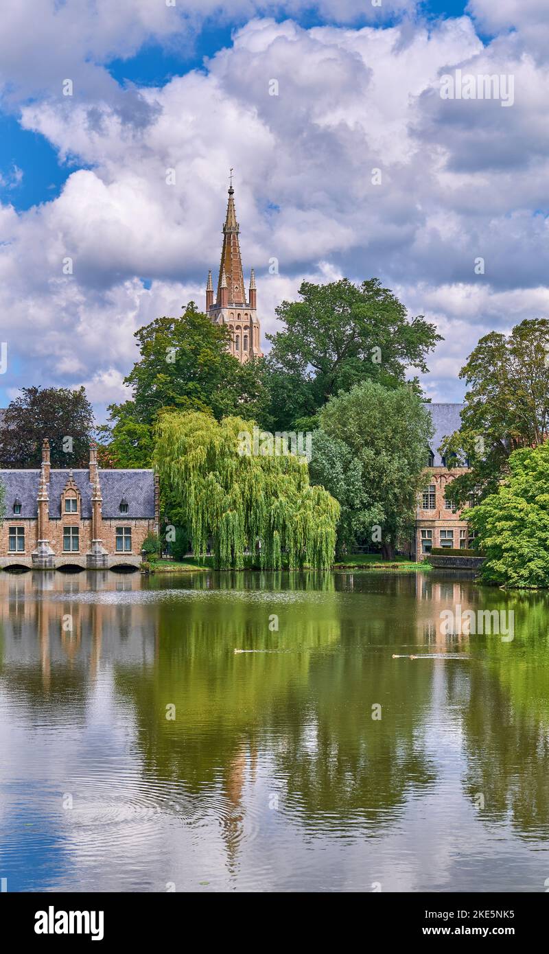 Bruges, Belgio, vista panoramica sul lago Minnewwater (lago d'amore) con architetture medievali Foto Stock