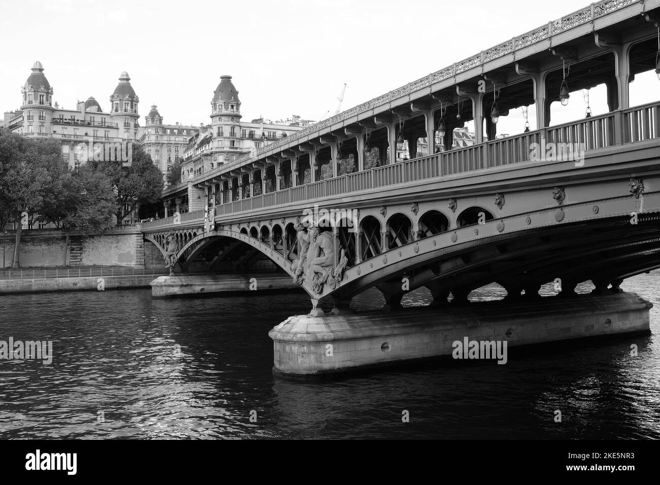 Un'immagine in scala di grigi del ponte Pont de Bir-Hakeim sul fiume Senna a Parigi, Francia Foto Stock