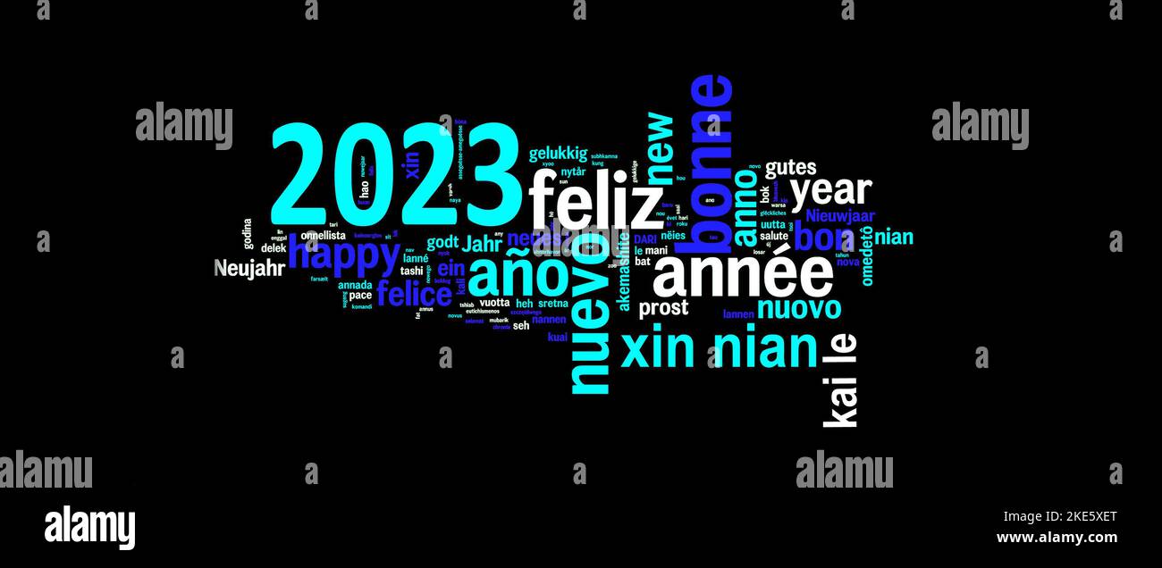 2023 biglietto di auguri su sfondo nero, nuovo anno tradotto in molte lingue Foto Stock