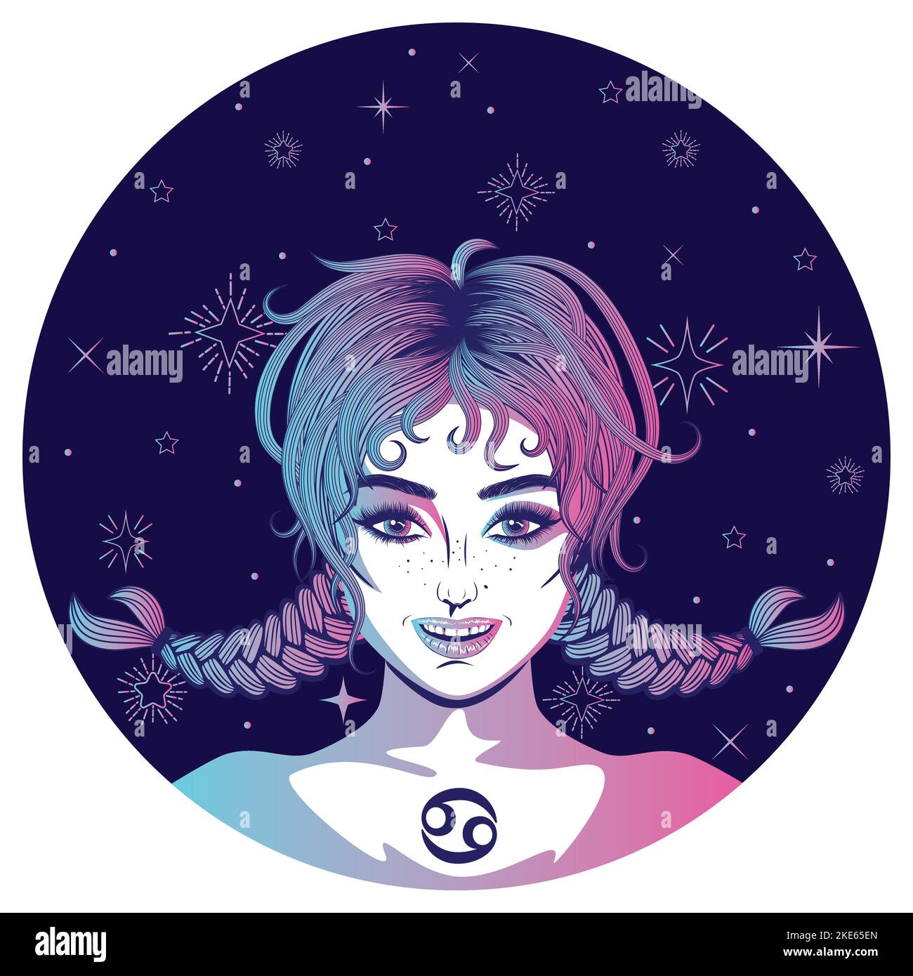 Fantasy astratto cancro ragazza, segno zodiaco avatar design. Illustrazione Vettoriale