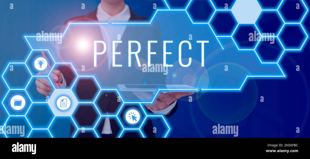 Didascalia testo perfetta. Parola scritta su completo senza difetti o difetti precisamente preciso o esatto Foto Stock