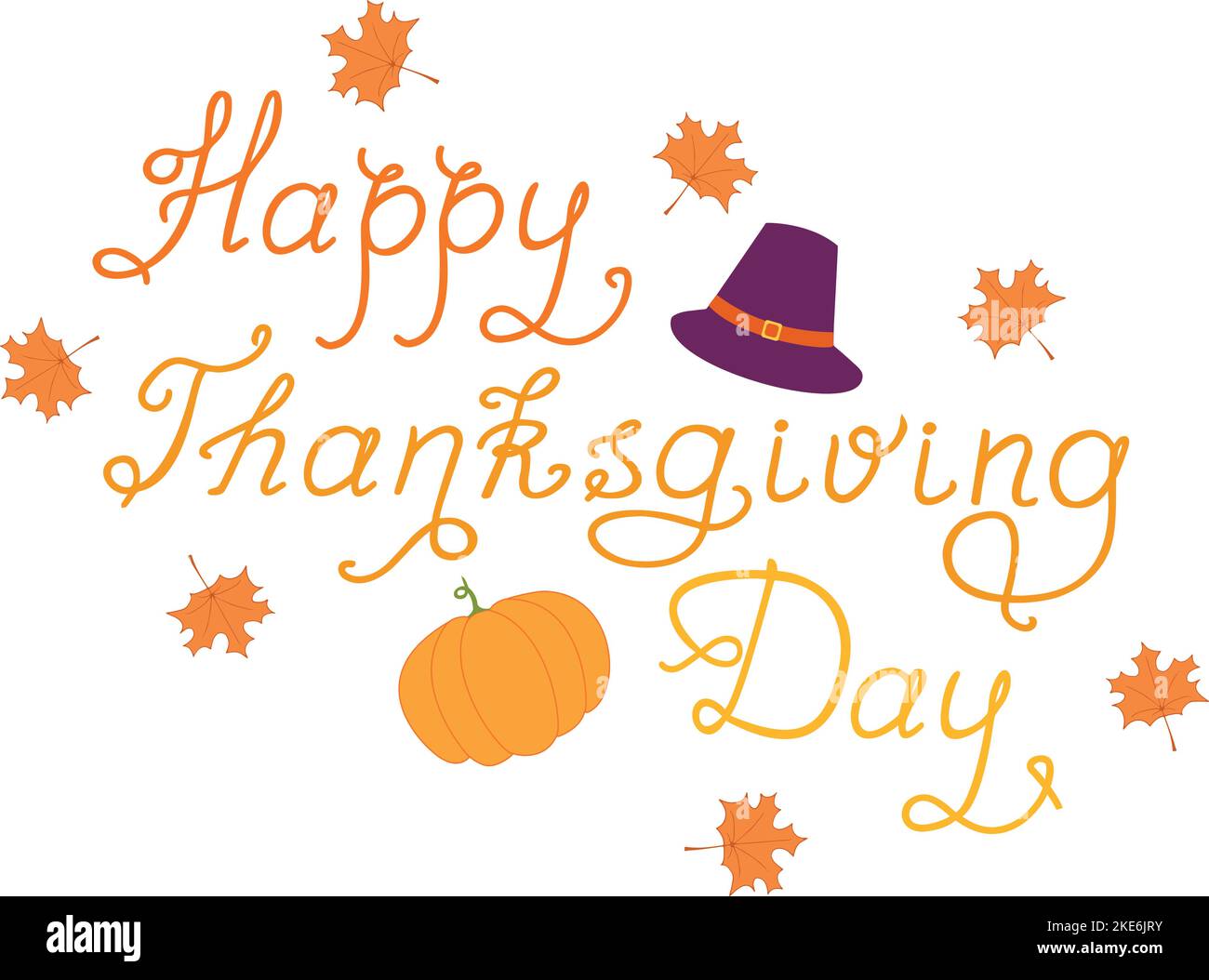 Happy Thanksgiving Day testo disegnato a mano con elementi di celebrazione cappello e zucca. Buon giorno del Ringraziamento. Illustrazione vettoriale Illustrazione Vettoriale