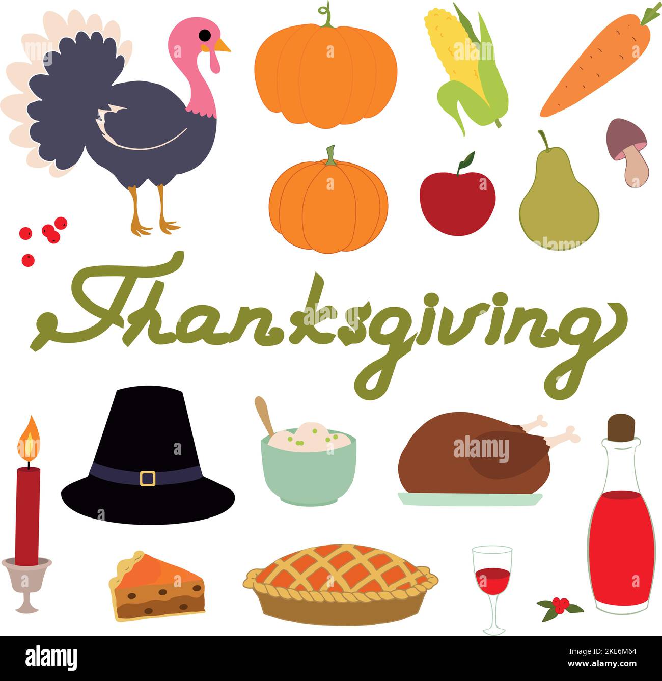 Festeggiamenti per il giorno del Ringraziamento. Buon giorno del Ringraziamento. Elementi disegnati a mano. Illustrazione vettoriale Illustrazione Vettoriale