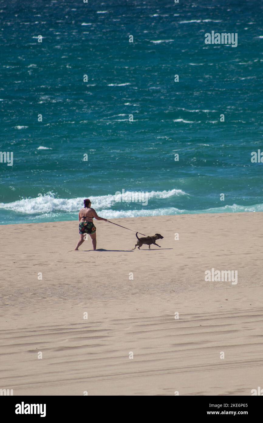 Una donna in sovrappeso in bikini che cammina il suo cane su un guinzaglio sulla spiaggia sabbiosa di Playa del Guincho in Spagna Foto Stock Una donna in sovrappeso in bikini che cammina il suo cane su un guinzaglio sulla spiaggia sabbiosa di Playa del Guincho in Spagna Foto Stock