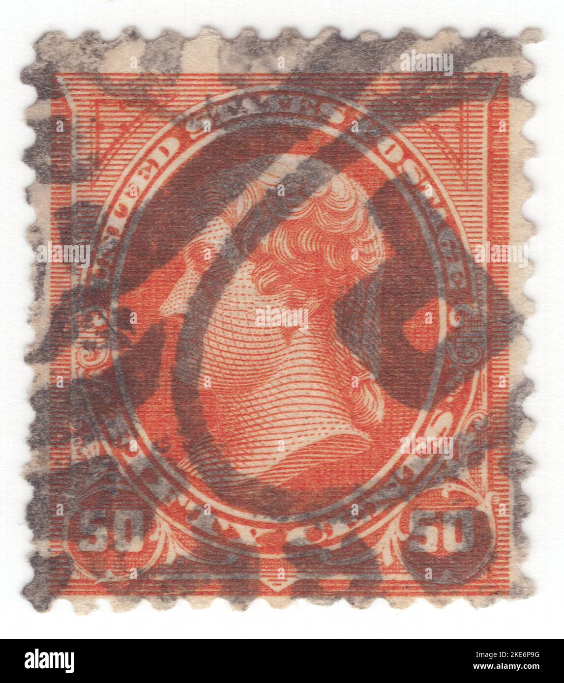 USA - 1895: Un francobollo arancione da 50 centesimi raffigurante un ritratto di Thomas Jefferson, statista americano, diplomatico, avvocato, architetto, Filosofo, e Padre fondatore che ha servito come terzo presidente degli Stati Uniti dal 1801 al 1809. In precedenza era il secondo vice presidente sotto John Adams e il primo segretario di stato degli Stati Uniti sotto George Washington. Jefferson, autore principale della Dichiarazione di indipendenza, è stato un sostenitore della democrazia, del repubblicanesimo e dei diritti individuali, motivando i coloni americani a staccarsi dal Regno di Gran Bretagna Foto Stock