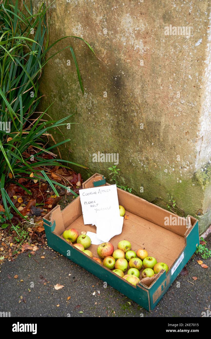Mele da cucina gratuite in una scatola di cartone sul bordo di un pavimento con un avviso scritto a mano che dice prego aiutarsi Foto Stock