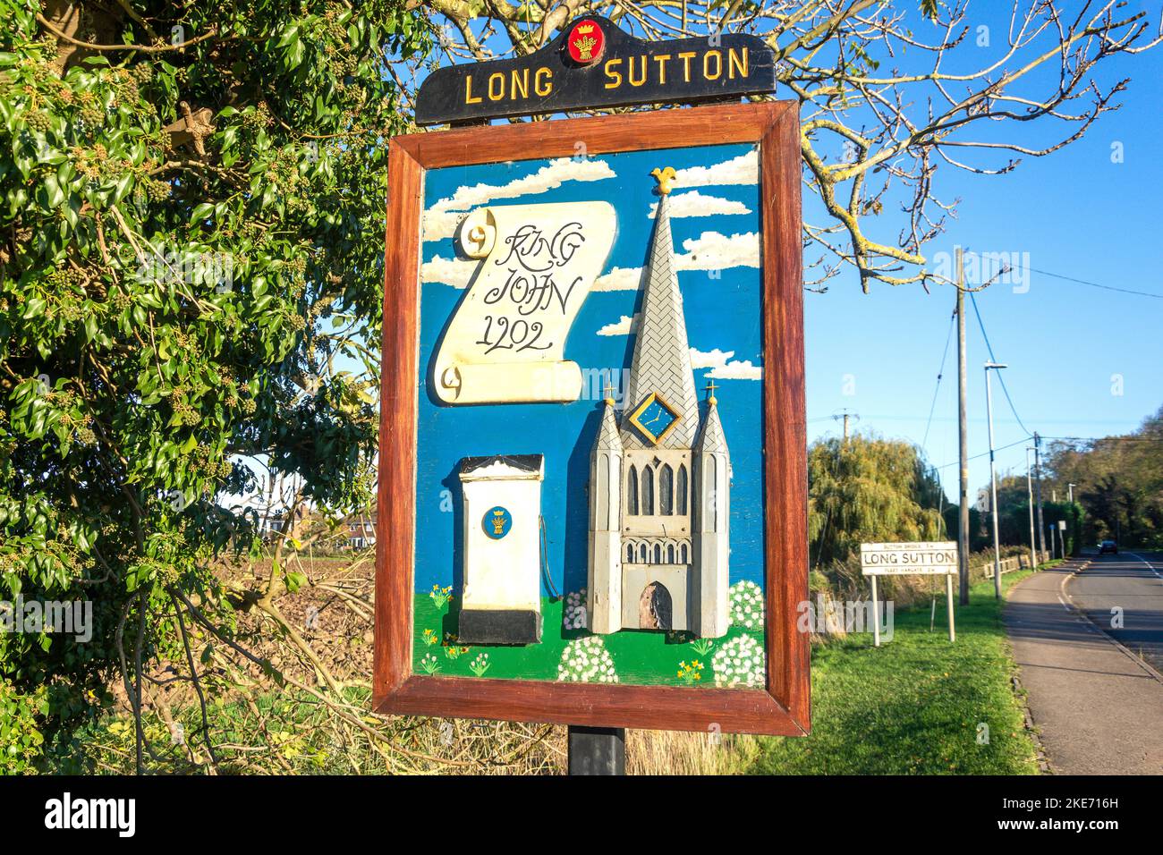 Cartello stradale, Gedney Road, Long Sutton, Lincolnshire, Inghilterra, Regno Unito Foto Stock