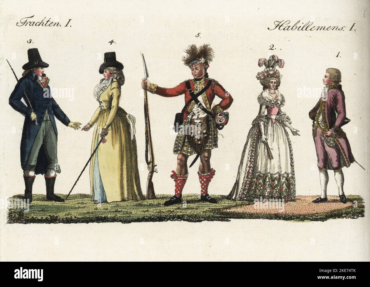 Costumi del popolo europeo, 18th ° secolo. Signore e donna francese in alta moda 1,2, inglese e donna in abiti casual, cappelli top e cappotti 3,4, scozzese Highlander in abbigliamento militare, cappotto rosso, tartan kilt, pelle di foca e cappello plumed, armati di musket e claymore 5. Incisione in copperplate a mano dal Kinder Bilderbuch Fur di Friedrich Johann Bertuch (Picture Book for Children), Weimar, 1792. Foto Stock