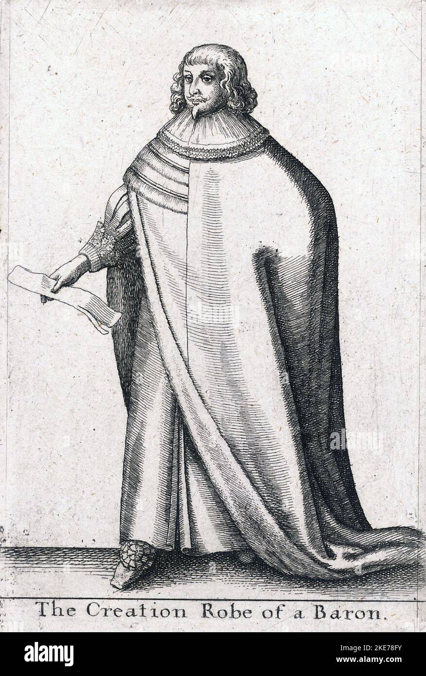 Il vestito indossato da un barone durante la sua cerimonia di creazione nel 17th ° secolo in Gran Bretagna, inciso da Venceslao Hollar. Foto Stock