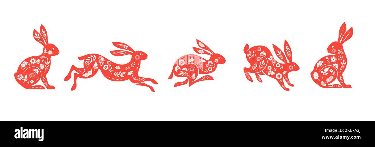 Raccolta di conigli, coniglietti illustrazioni. Cinese nuovo anno 2023 anno del coniglio - set di tradizionale cinese zodiaco simbolo, illustrazioni, arte Illustrazione Vettoriale