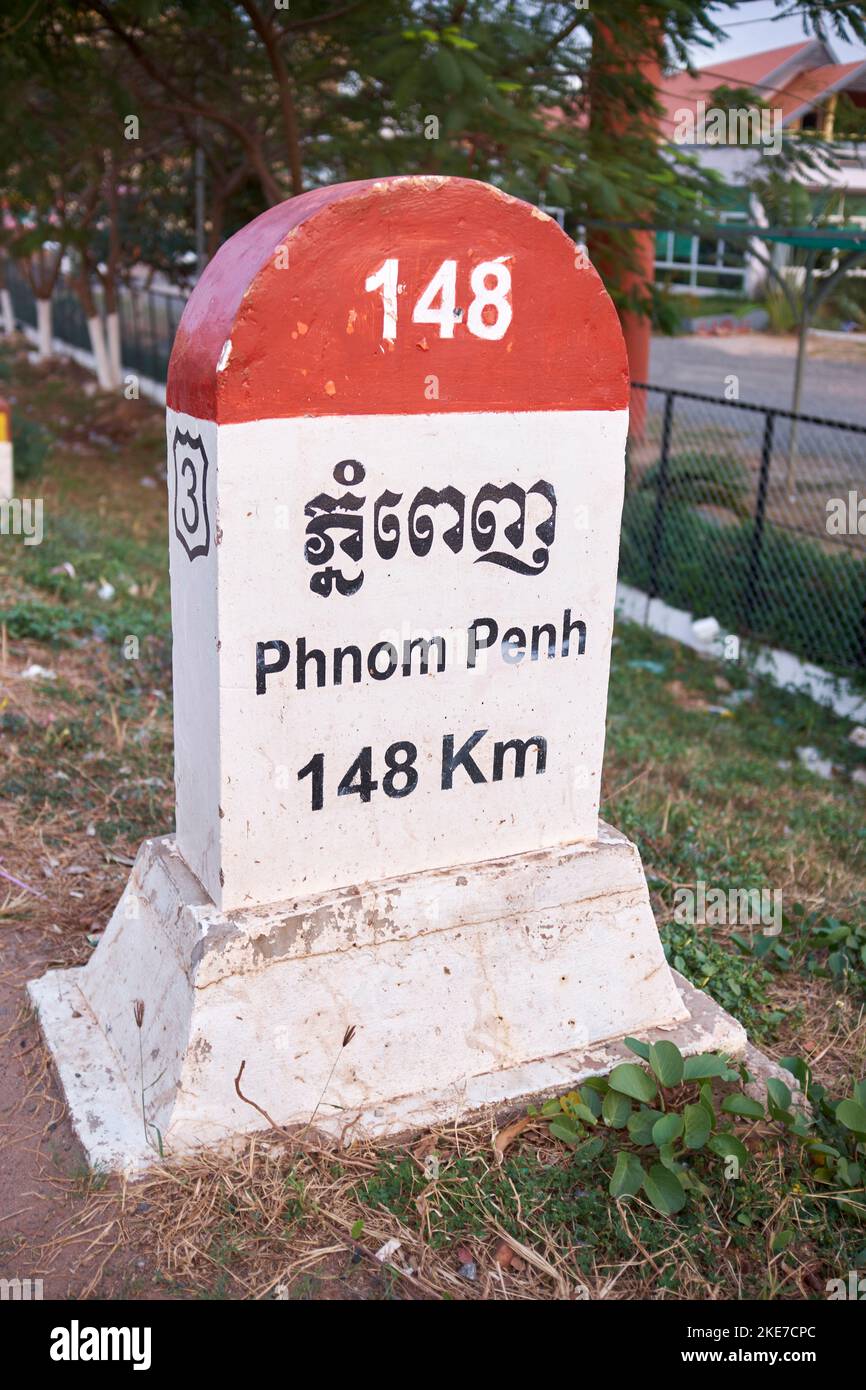 Distanza dal Milepost a Phnom Penh a Kampot, Cambogia Foto Stock