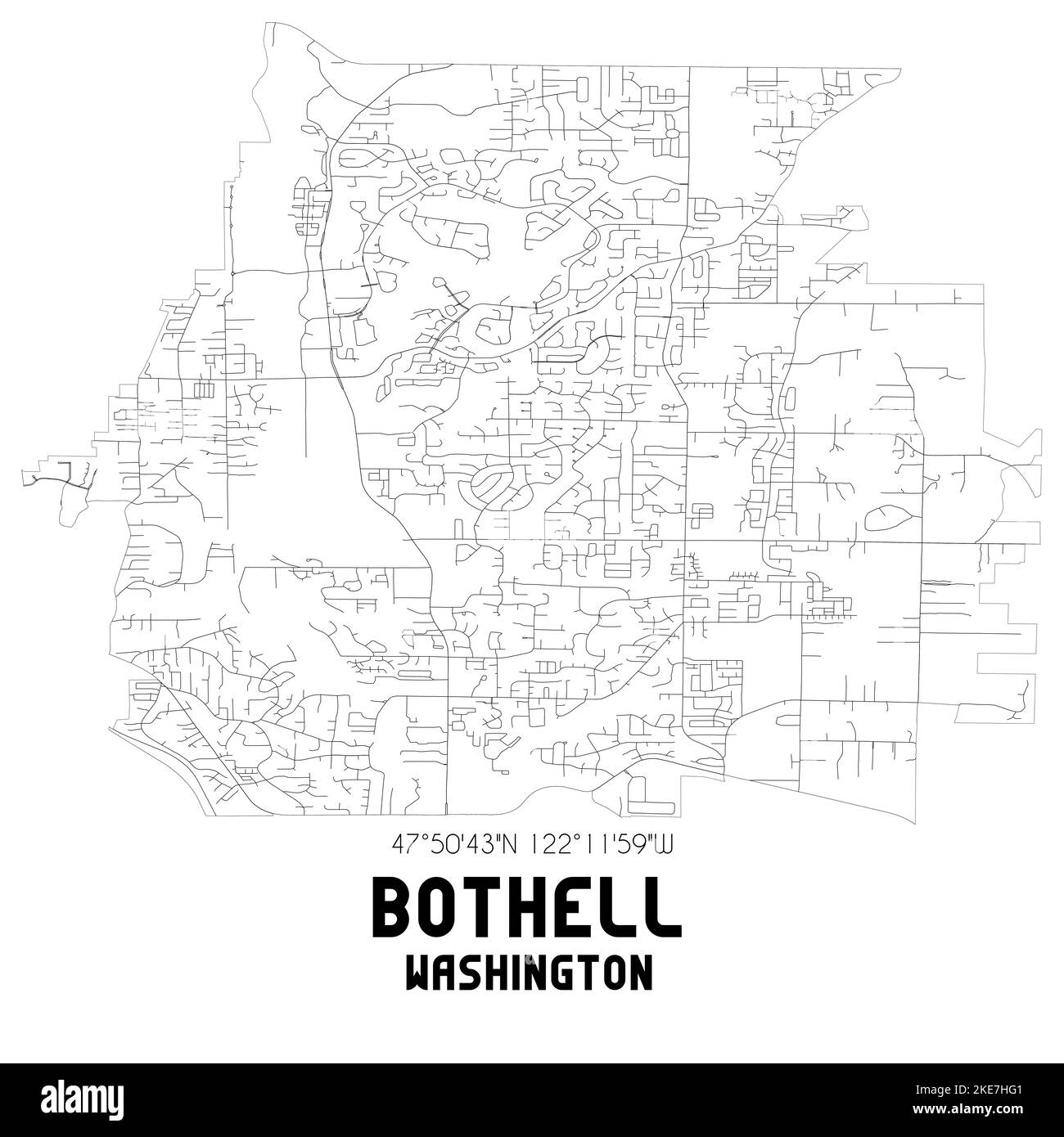 Mappa postale in bianco e nero di Bothell, Washington, USA 98012 — una mappa stradale e cittadina minimalista per arte murale, cartografia e decorazione stampata. Foto Stock