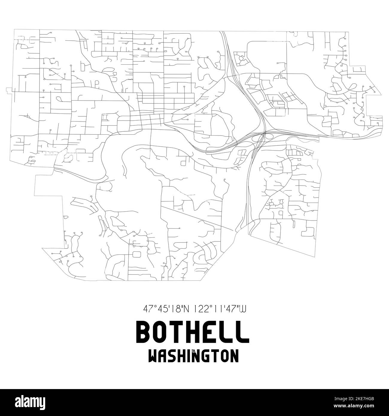 Mappa postale in bianco e nero di Bothell, Washington, USA 98011 — una mappa stradale e cittadina minimalista per arte murale, cartografia e decorazione stampata. Foto Stock