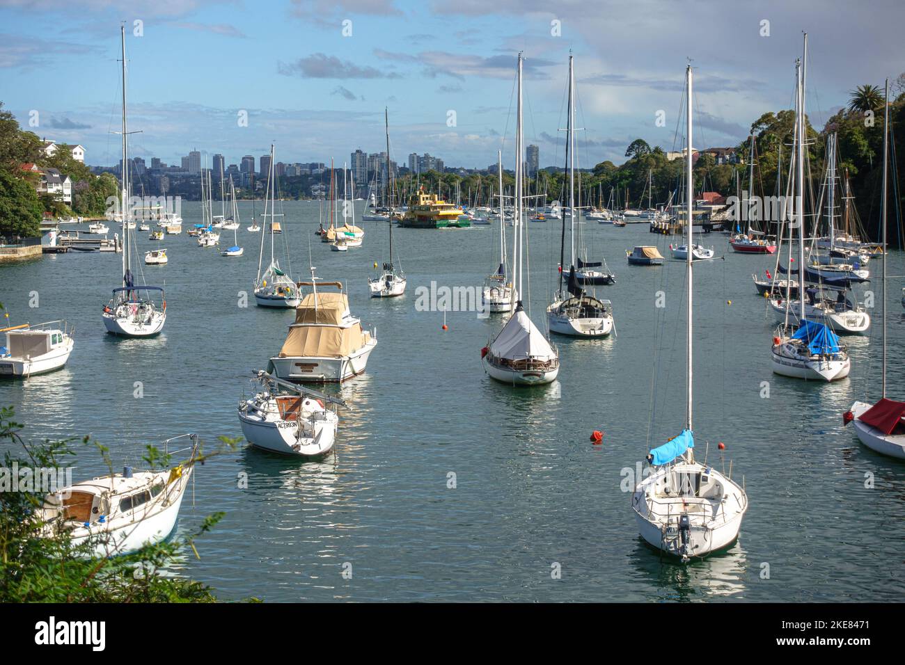 Barche a vela ancorate a Mosman Bay, Sydney, Australia Foto Stock