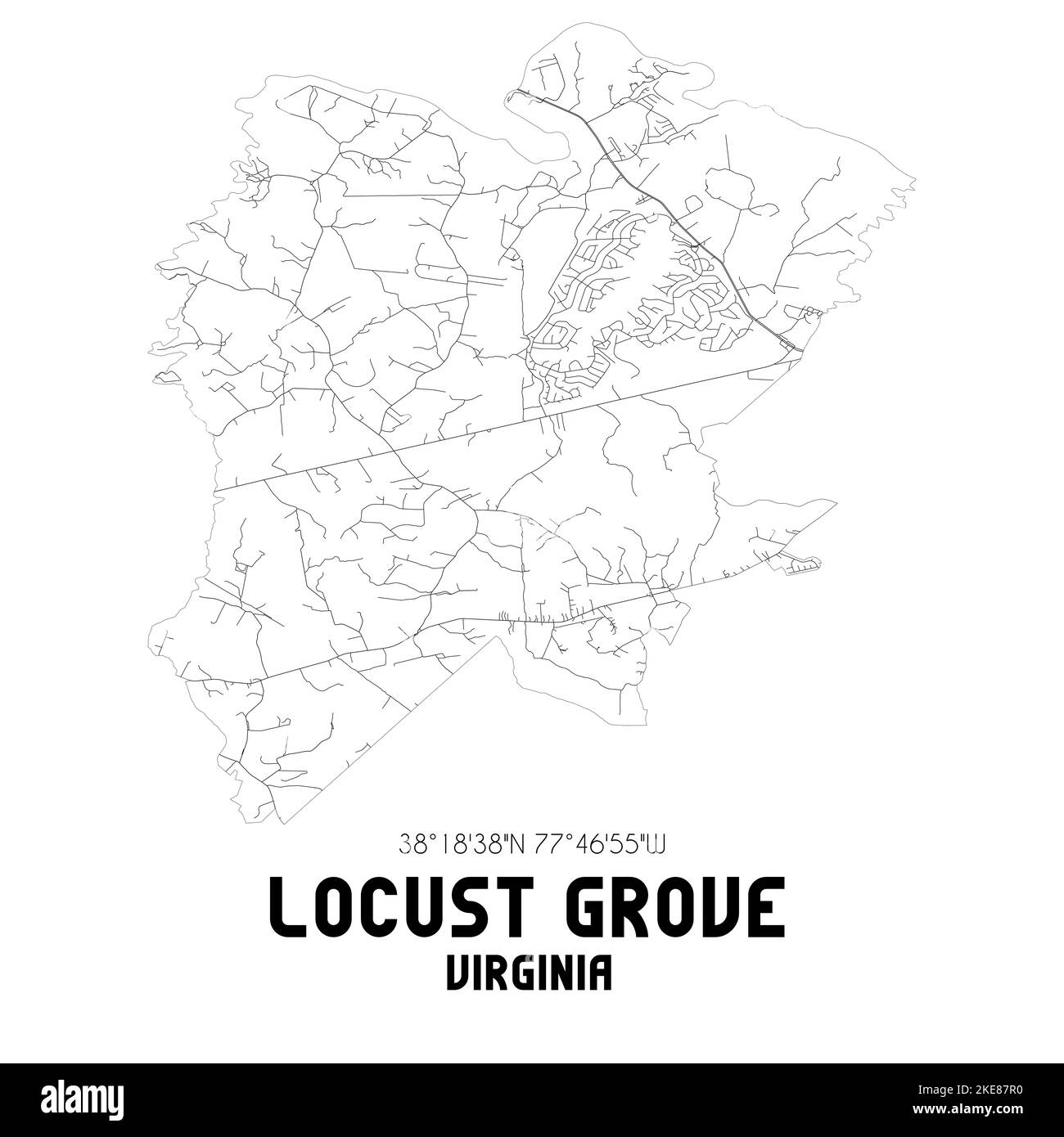 Mappa postale in bianco e nero del codice postale di Locust Grove, Virginia, USA 22508 – mappa minimalista delle strade della città come arte da parete e stampa di cartografia per l’arredamento domestico. Foto Stock