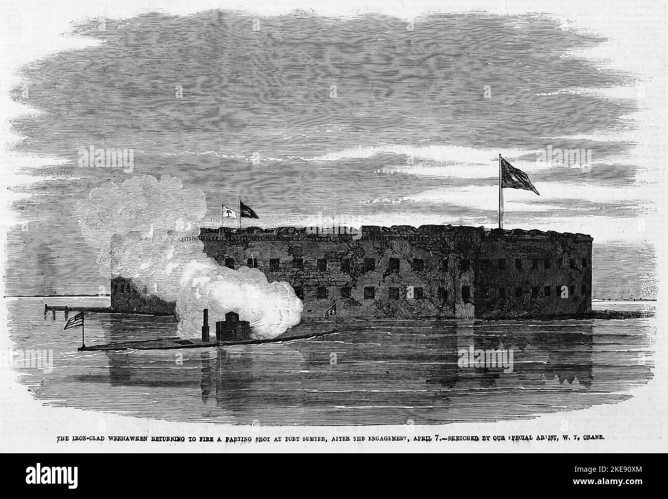 Il ferro Weehawken tornando a sparare un colpo di separazione a Fort Sumter, dopo l'ingaggio, 7th aprile 1863. Illustrazione della guerra civile americana del 19th° secolo dal quotidiano illustrato di Frank Leslie Foto Stock