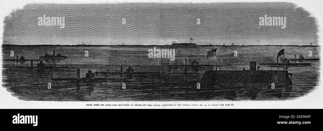 Notte dopo il combattimento - i ferronclads all'ancora fuori del Fort Sumter. Aprile 7th, 1863. Illustrazione della guerra civile americana del 19th° secolo dal quotidiano illustrato di Frank Leslie Foto Stock