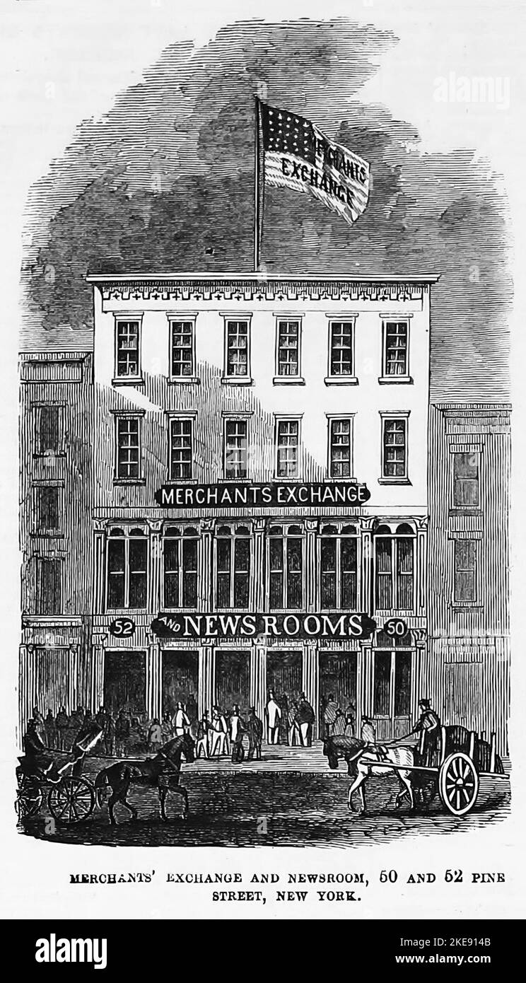Merchants' Exchange and Newsroom, 50 e 52 Pine Street, New York. 1863. Illustrazione della guerra civile americana del 19th° secolo dal quotidiano illustrato di Frank Leslie Foto Stock