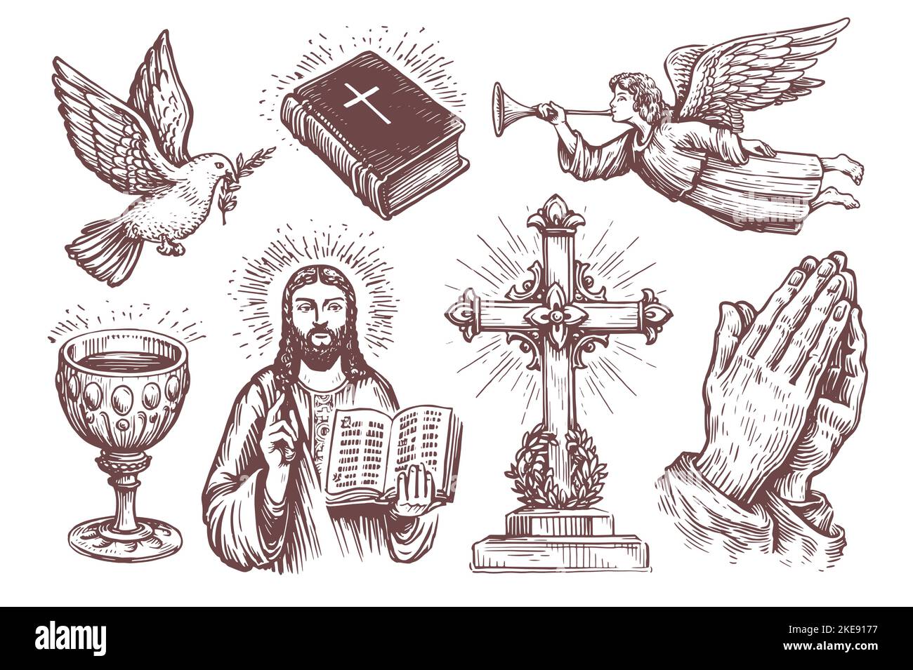 Sacra Bibbia, mani piegate in preghiera, disegno angelo. Set di simboli religiosi. Collezione di illustrazioni vettoriali vintage Illustrazione Vettoriale