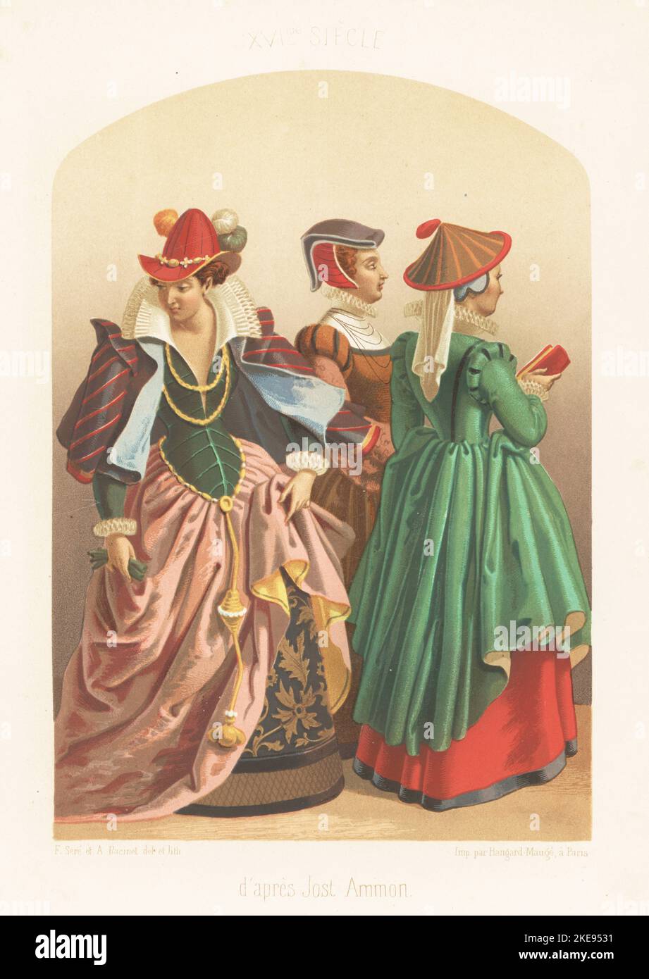 Donne alla moda di Jost Ammon, 16th ° secolo. Donne tedesche in cappelli fantasia, colletti alti in pizzo o in ruff, camici con bodice, maniche in puff, ricchi pettinini. Dopo i dipinti dell'artista svizzero-tedesco Jost Ammon 1539-1591. d'apres Jost Ammon, XVI siecle. Chromolithograph di Ferdinand Sere e Auguste Racinet di Charles Louandre Les Arts Somptuaires, The Sumputary Arts, Hangard-Mauge, Parigi, 1858. Foto Stock