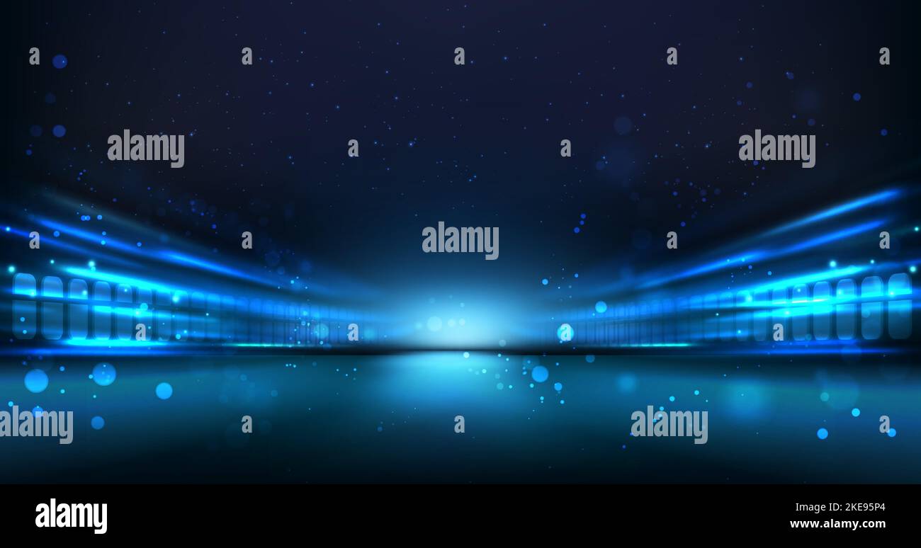 Vector Abstract blu raggi sfondo movimento. Concetto di fantascienza tecnologica. Treno in movimento di notte. Illustrazione Vettoriale