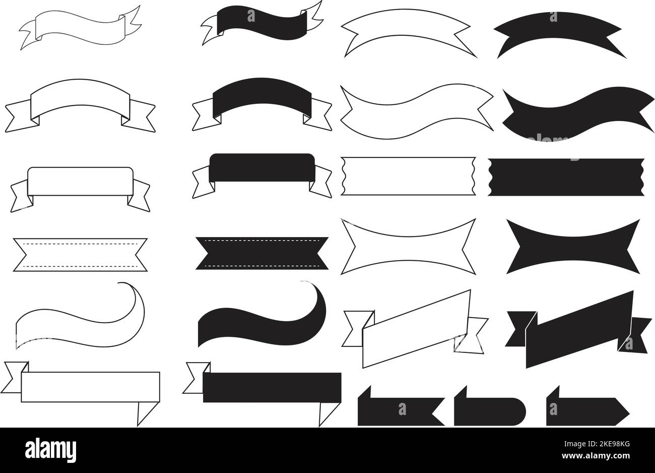 Set di nastri neri, banner, badge, etichette - elementi di design su sfondo bianco Illustrazione Vettoriale