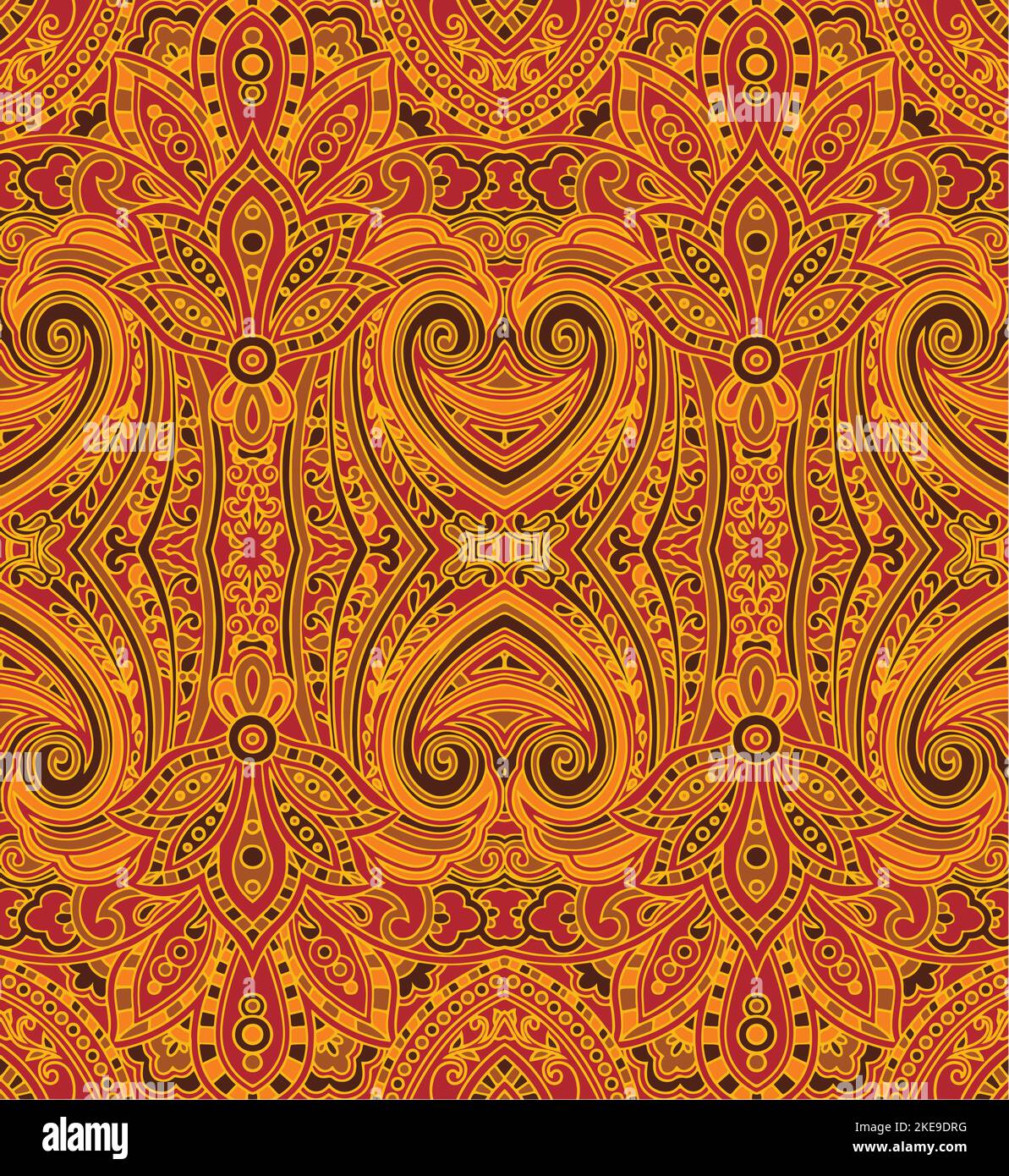Ornamento di lusso viola, turchese e arancione dal design senza cuciture. Motivi tradizionali turchi e indiani. Ideale per tessuti e tessuti, carta da parati. Illustrazione Vettoriale