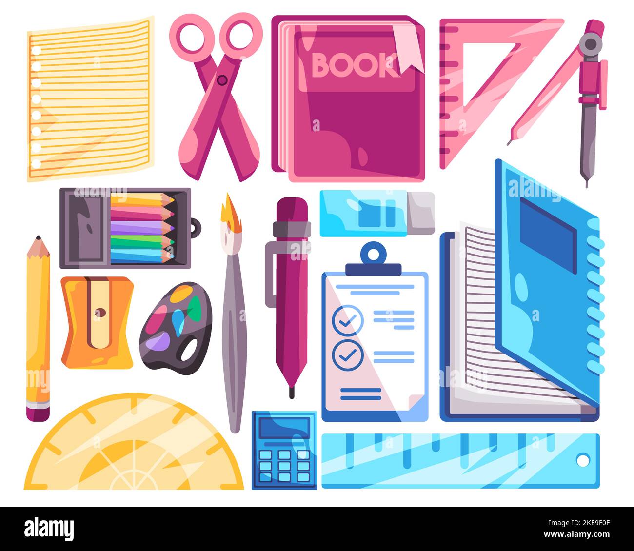 Arte e creativa scuola di studio oggetto set collezione illustrazione di colore matita palette righello libro Illustrazione Vettoriale