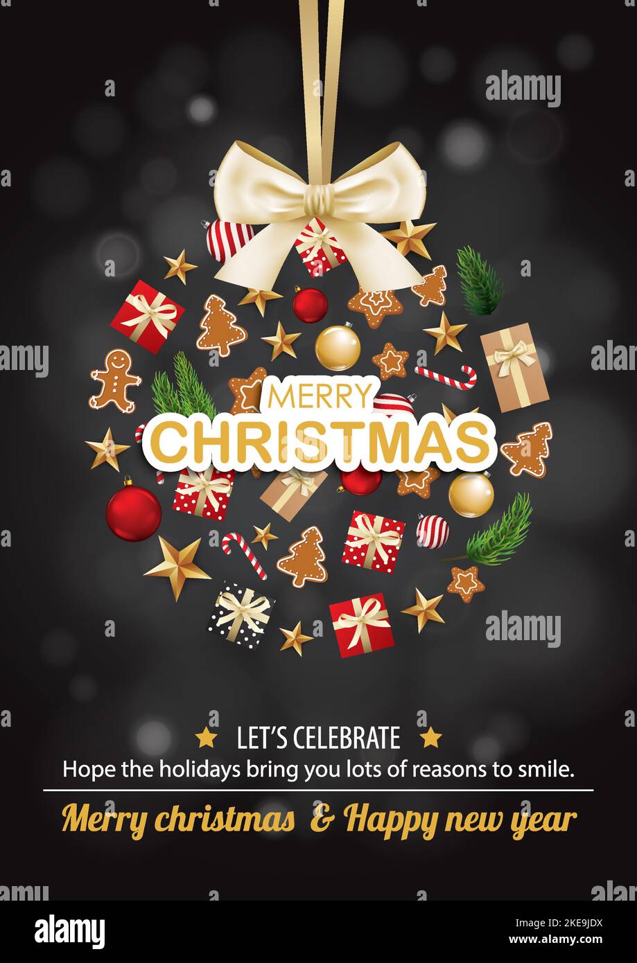 Allegro oggetto di natale in forma di sfera di vetro per volantino e modello di sfondo di design brochure. Buon banner e modello di biglietto di auguri per le feste. Illustrazione Vettoriale