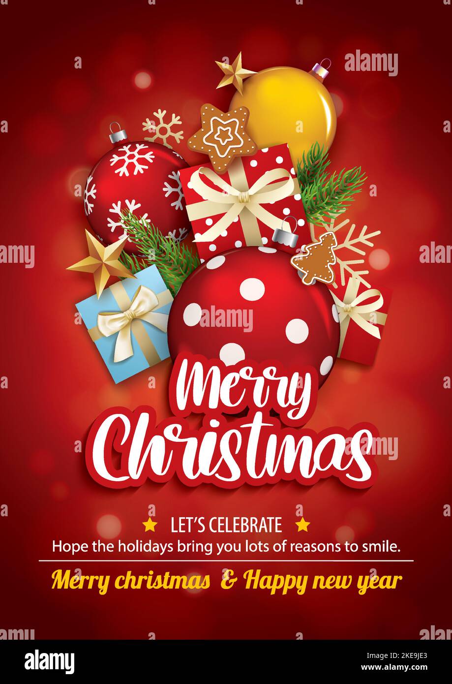 Allegro festa di natale palla di vetro e scatola regalo per il design opuscolo su sfondo rosso invito tema concetto. Buon banner di saluto e Illustrazione Vettoriale