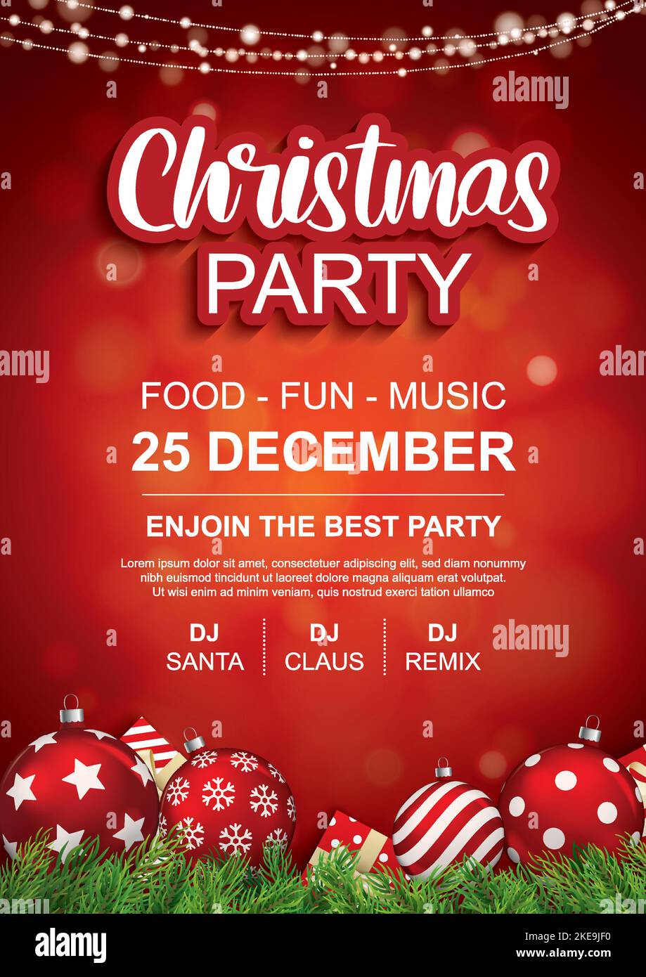 Allegro festa di natale palla di vetro e scatola regalo per il design opuscolo su sfondo rosso invito tema concetto. Buon banner di saluto e Illustrazione Vettoriale