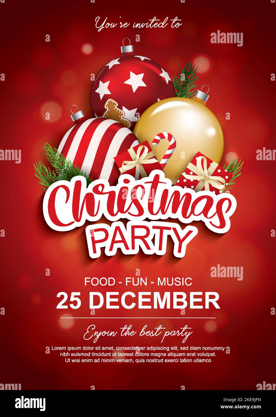 Allegro festa di natale palla di vetro e scatola regalo per il design opuscolo su sfondo rosso invito tema concetto. Buon banner di saluto e Illustrazione Vettoriale