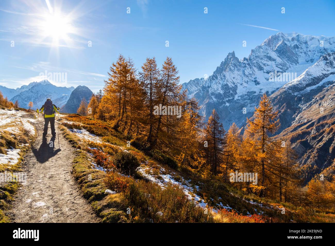 Vista sul Massiccio del Monte Bianco dal sentiero al Rifugio Bertone in autunno. Valle Ferret, Courmayeur, Distretto d'Aosta, Valle d'Aosta, Italia, Europa. Foto Stock