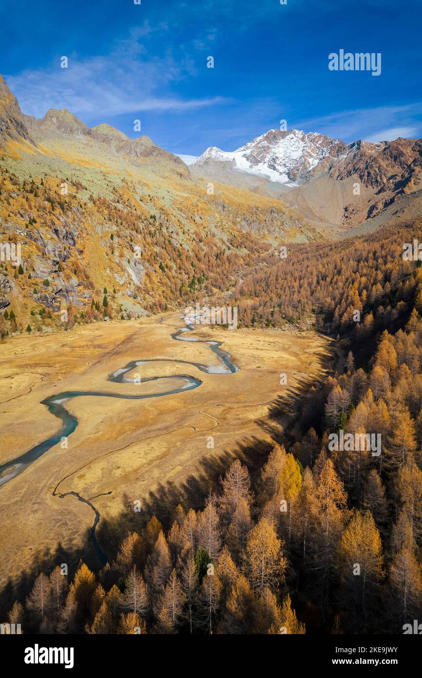 Veduta aerea della valle della preda Rossa in autunno di fronte al Monte Disgrazia e ai Corni Bruciati. Val Masino, provincia di Sondrio, Lombardia, Italia. Foto Stock